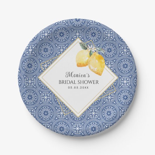 Blue Tile & Lemons Spanisches Italienisches Brautp Pappteller (Vorderseite)