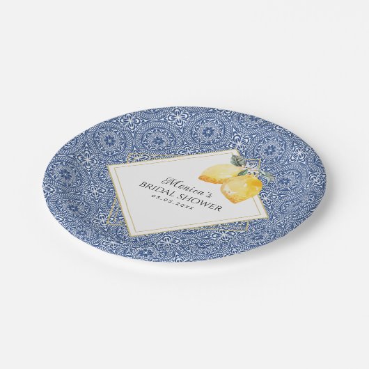 Blue Tile & Lemons Spanisches Italienisches Brautp Pappteller (Schrägansicht)