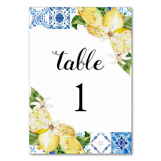 Blue Tile Lemons Tischnummer Cards (Vorderseite)