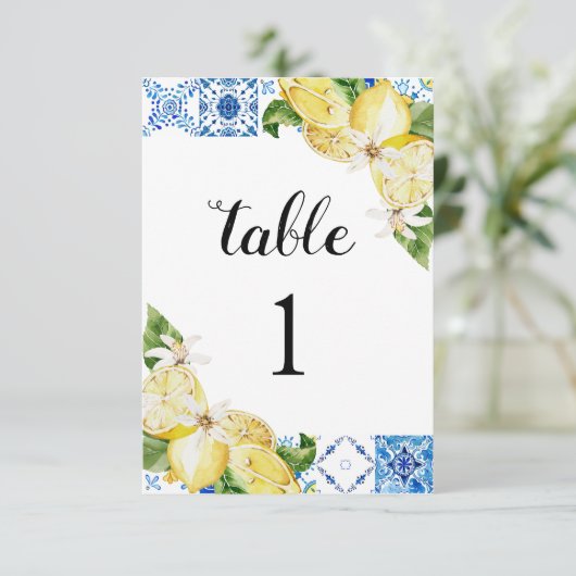 Blue Tile Lemons Tischnummer Cards (Stehend Vorderseite)