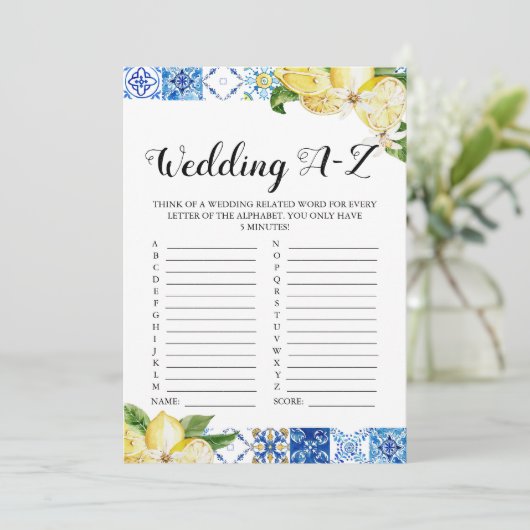 Blue Tile Lemons Wedding A-Z Brautparty Game Einladung (Stehend Vorderseite)