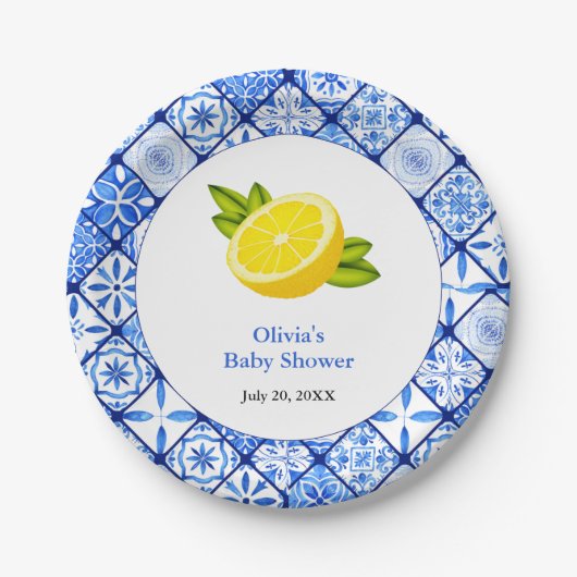 Blue Tile Mediterranean Lemon Baby Dusche Pappteller (Vorderseite)