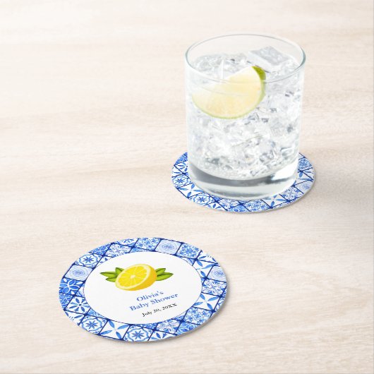 Blue Tile Mediterranean Lemon Baby Dusche Runder Pappuntersetzer (Vor Ort)