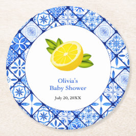 Blue Tile Mediterranean Lemon Baby Dusche Runder Pappuntersetzer