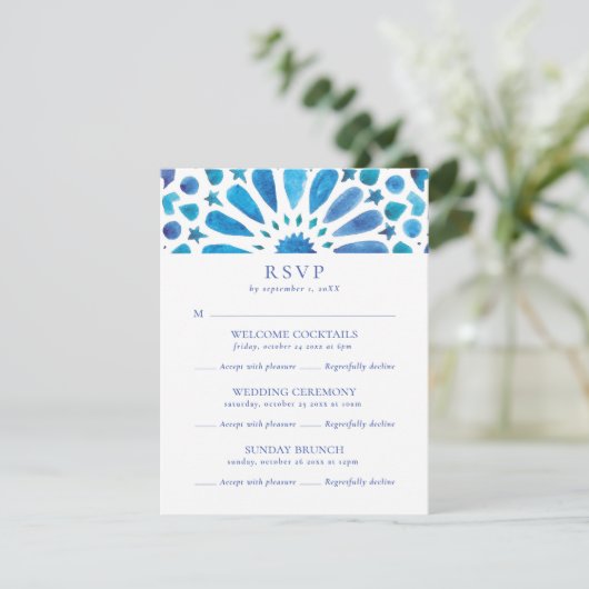 Blue Tile Multi-Event Hochzeit RSVP Karte (Stehend Vorderseite)