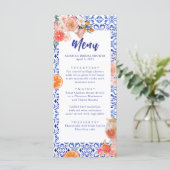 Blue Tile Orange Italian Brautparty Menu Card Menükarte (Stehend Vorderseite)