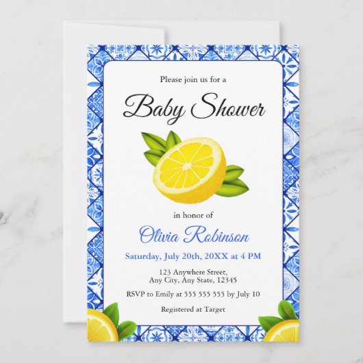 Blue Tile Positano Lemon Babydusche Einladung (Vorderseite)