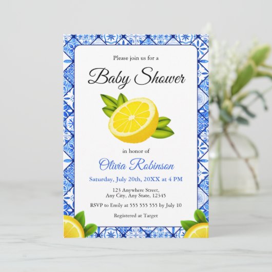 Blue Tile Positano Lemon Babydusche Einladung (Stehend Vorderseite)