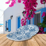 Blue Tile Santorini griechisch/spanisch Thema Pappteller<br><div class="desc">Mediterran griechisch musikalisch blau gekachelt inspiriert Dancing Queen Brautparty Papier Teller.</div>