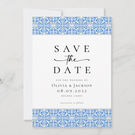 Blue Tile Script Foto Hochzeit Save The Date (Vorderseite)