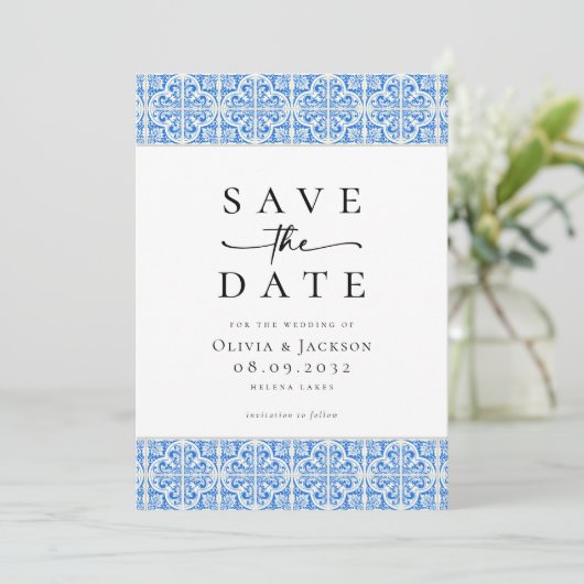 Blue Tile Script Foto Hochzeit Save The Date (Stehend Vorderseite)