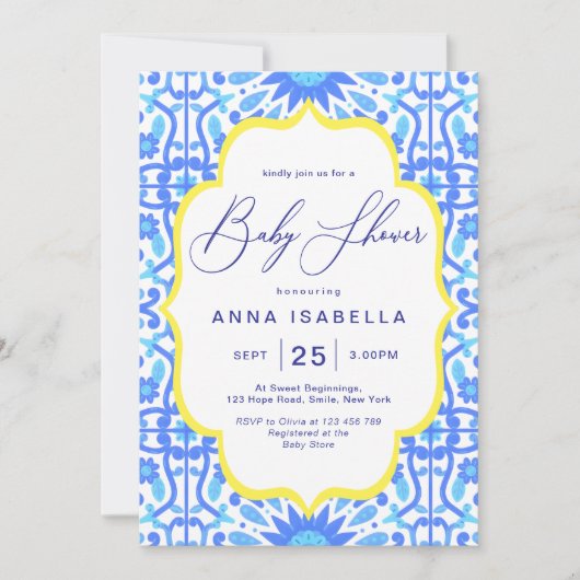 Blue Tile Yellow Frame Baby Dusche Einladung (Vorderseite)