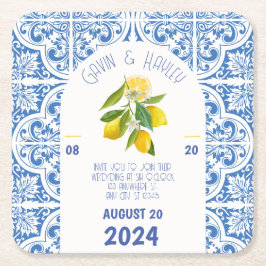 Blue Tiles and Lemons Portugal Wedding Paper Coast Rechteckiger Pappuntersetzer