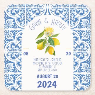 Blue Tiles and Lemons Portugal Wedding Paper Coast Rechteckiger Pappuntersetzer