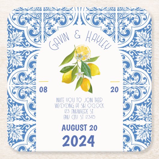 Blue Tiles and Lemons Portugal Wedding Paper Coast Rechteckiger Pappuntersetzer (Vorderseite)
