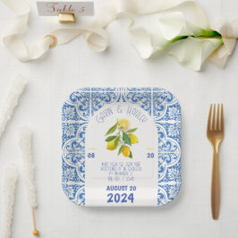 Blue Tiles and Lemons Portugal Wedding Paper Plate Pappteller