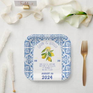 Blue Tiles and Lemons Portugal Wedding Paper Plate Pappteller