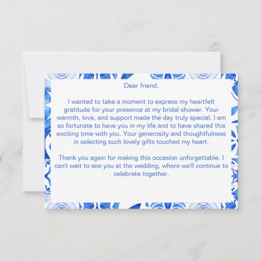 Blue Tiles Bougainvillea elegantes Brautparty Dankeskarte (Rückseite)