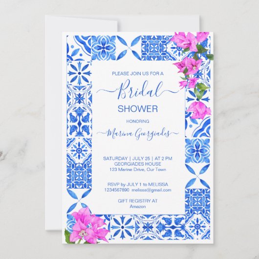 Blue Tiles Bougainvillea elegantes Brautparty Einladung (Vorderseite)
