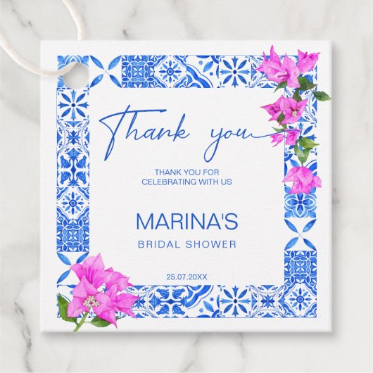 Blue Tiles Bougainvillea elegantes Brautparty Geschenkanhänger (Vorderseite)