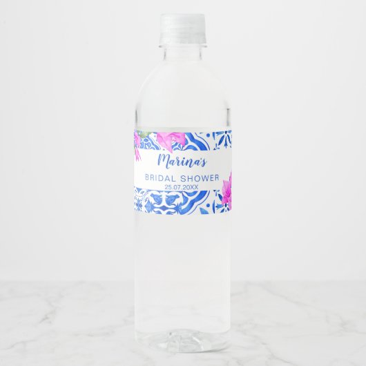 Blue Tiles Bougainvillea elegantes Brautparty Wasserflaschenetikett (Vorderseite)