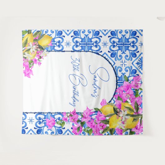 Blue Tiles Bougainvillea Elegantes Foto Wandteppich (Vorderseite (Horizontal))