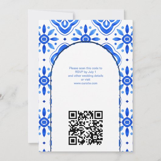 Blue Tiles Bougainvillea Zitronen Hochzeit Einladung (Rückseite)