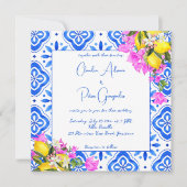 Blue Tiles Bougainvillea Zitronen Hochzeit Einladung (Vorderseite)