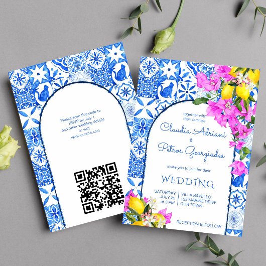 Blue Tiles Bougainvillea Zitronen Hochzeit Einladung