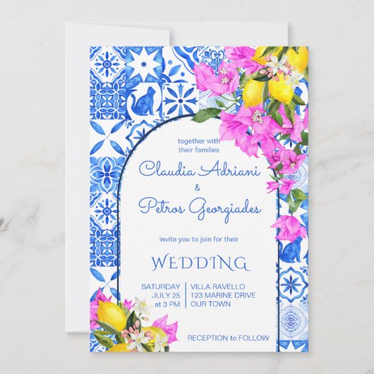 Blue Tiles Bougainvillea Zitronen Hochzeit Einladung (Vorderseite)