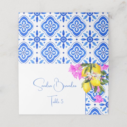 Blue Tiles Bougainvillea Zitronen Hochzeit Platzkarte (Außenseite Aufgefaltet)