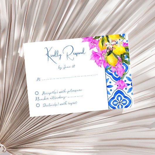 Blue Tiles Bougainvillea Zitronen Hochzeit RSVP Karte