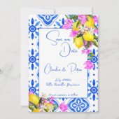 Blue Tiles Bougainvillea Zitronen Hochzeit Save The Date (Vorderseite)