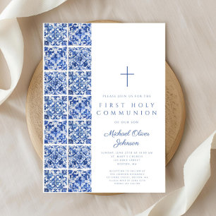 Blue Tiles Boy First Communion Einladung
