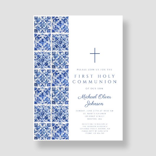 Blue Tiles Boy First Communion Einladung