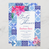Blue Tiles Floral Amalfi Italienische Babydusche Einladung (Vorne/Hinten)