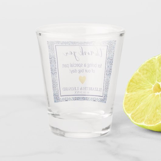Blue tiles Gastgeschenk Hochzeit Vielen Dank Schnapsglas (Rückseite)