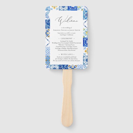 Blue Tiles Hochzeitsprogramm für das Mittelmeer Fächer (Vorderseite)