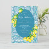 Blue Tiles Lemon Baby Dusche Einladung (Stehend Vorderseite)