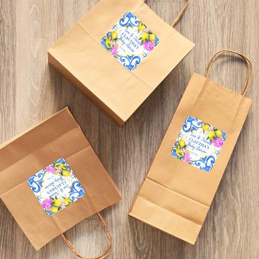 Blue tiles lemon Bougainvillea Amalfi baby shower Quadratischer Aufkleber