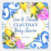 Blue tiles lemon Bougainvillea Amalfi baby shower Quadratischer Aufkleber (Vorderseite)