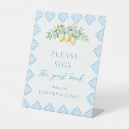 Blue Tiles Lemon Floral Guest Book Wedding Sign Sockelschild