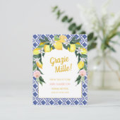 Blue Tiles Lemon Grazie Mille Brautparty Dankeskarte (Stehend Vorderseite)