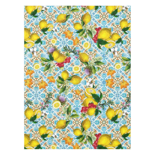 Blue tiles lemon Mediterranean Tischdecke (Vorderseite)