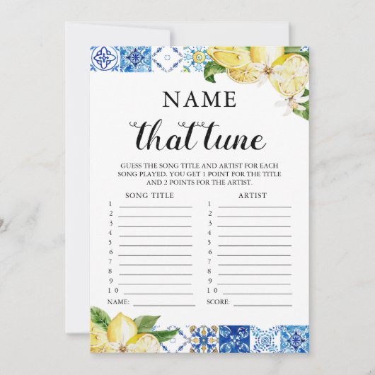 Blue Tiles Lemon Name, dass Tune Brautparty Game Einladung (Vorderseite)