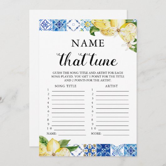 Blue Tiles Lemon Name, dass Tune Brautparty Game Einladung (Vorne/Hinten)