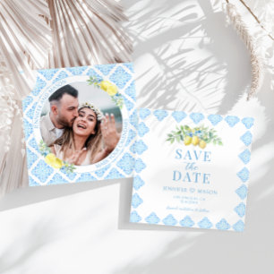 Blue Tiles Lemon Save the Date Foto Einladung
