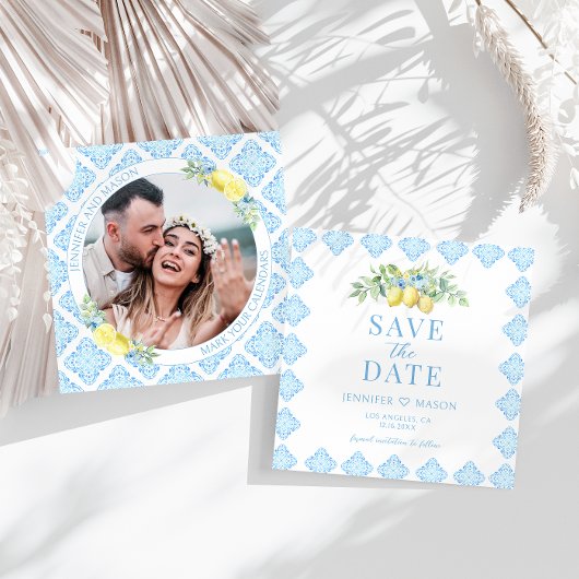 Blue Tiles Lemon Save the Date Foto Einladung