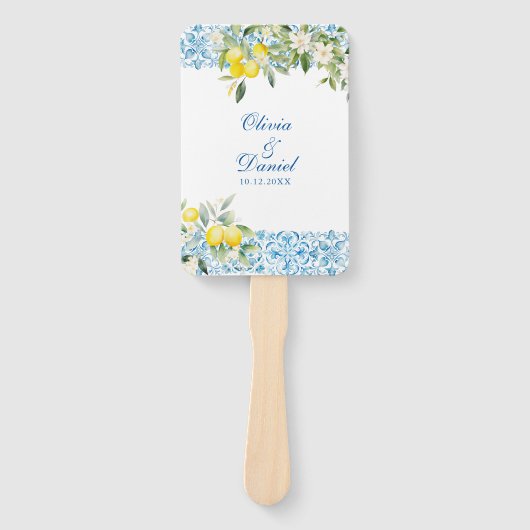 Blue Tiles & Lemon Wedding Programm Fächer (Vorderseite)