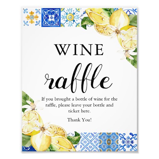 Blue Tiles Lemon Wine Raffle Brautparty Zeichen Fotodruck (Vorne)